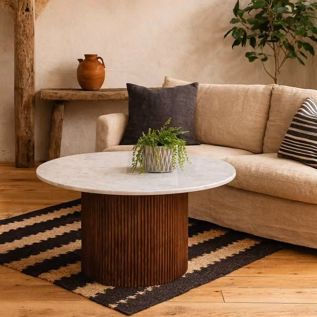 Wyld Haus Alabama Round Ribbed Mango Wood Coffee Table with Marble Top in Brown, W/D/H: 80.0 x 80.0 x 45.0 cm