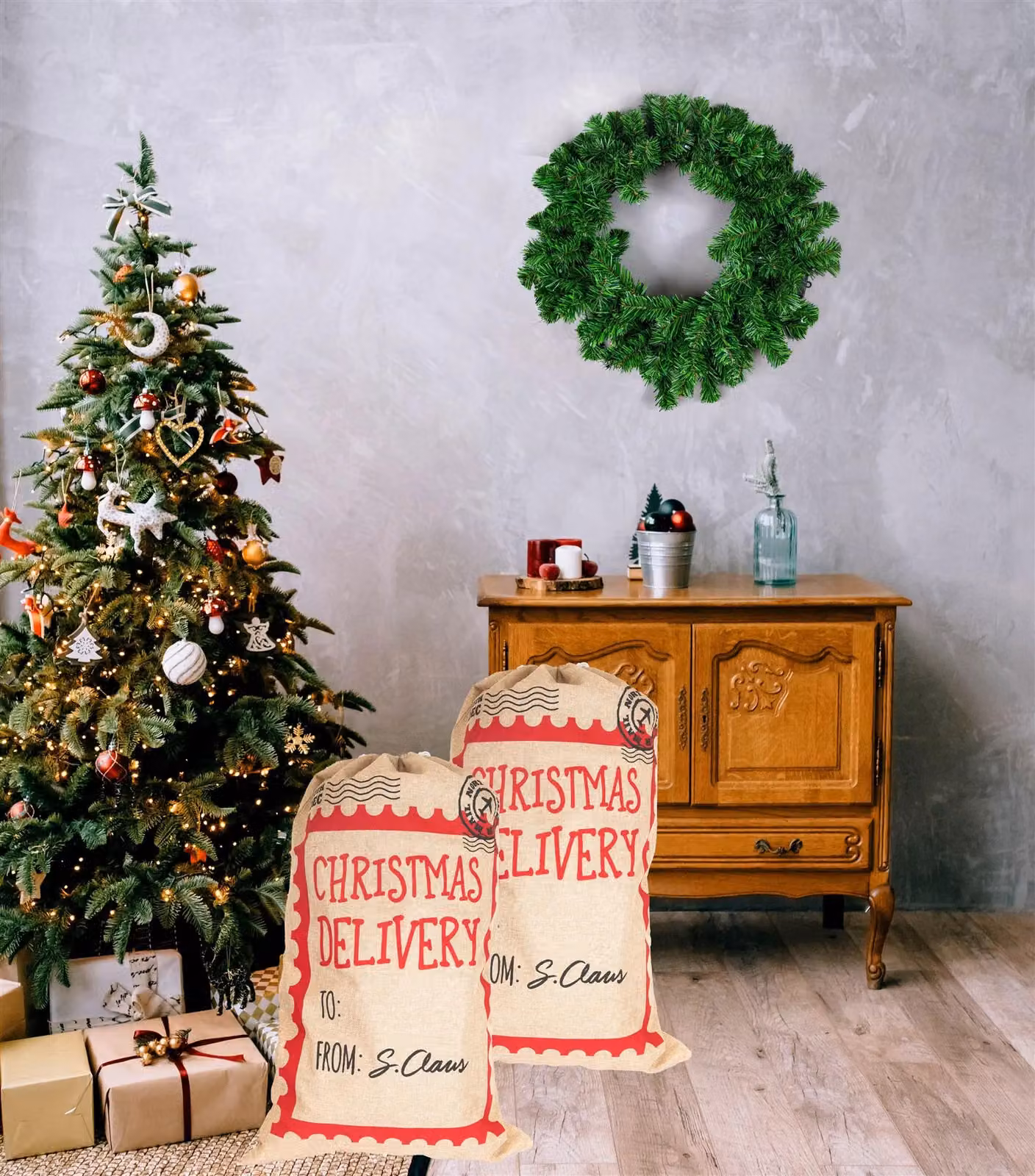 Shatchi Large Beige Jute Christmas Delivery Sack with Drawstring, W: 48 cm, H: 78 cm – 6