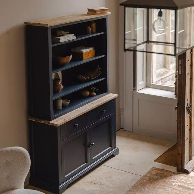 Statement Furniture Florence Display Dresser with Hutch in Blue with Limed Acacia Top, W/D/H: 120 x 42 x 200 cm