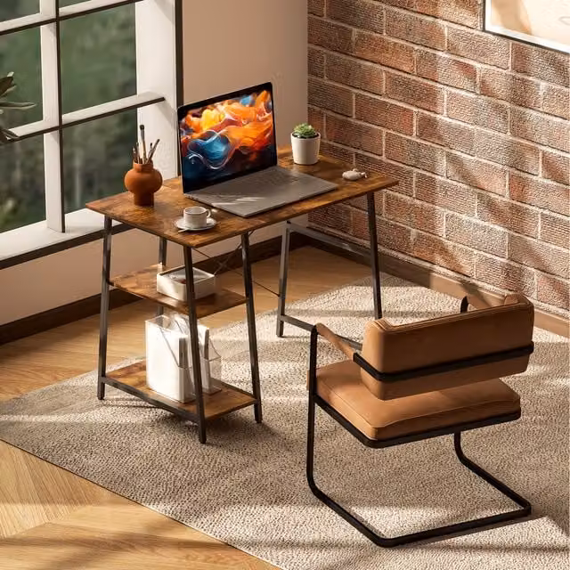 HOMCOM Industrial Writing Desk with 2 Shelves and Steel Frame, Brown and Black, Width: 100 cm