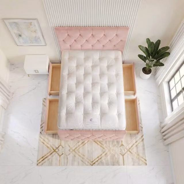 Somnior Ziggy Double Velvet Divan Bed with 4 Drawers and Headboard in Pink, W/D/H: 140 x 200 cm