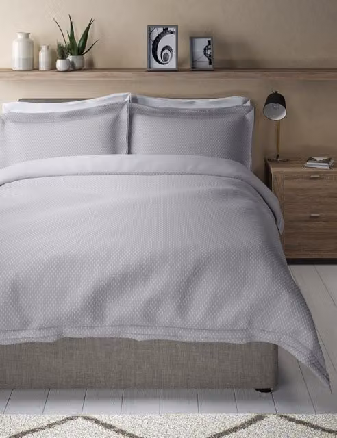 M&S Grey Pure Cotton Iris Spotty Dobby Bedding Set with Pillowcase
