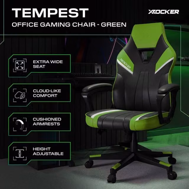 X Rocker Tempest Ergonomic Gaming Chair in Green Synthetic Leather