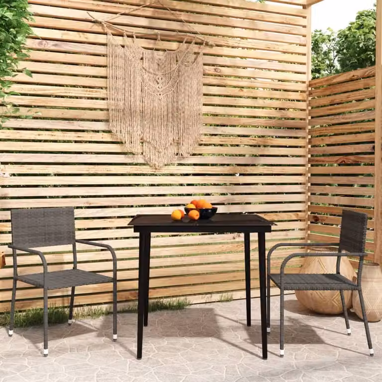 Berkfield Home Elegant 3 Piece Grey Garden Dining Set with Glass Top and Powder Coated Steel Frame