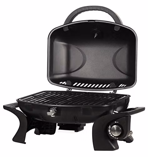 George Foreman Portable Tabletop Gas BBQ with Integrated Thermometer and Piezo Ignition, Black Steel Body, GFSBBQ1 – 2