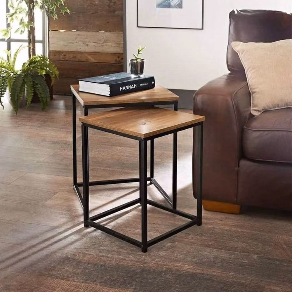 Pawnora Square Nest of 2 Industrial Tables in Light Oak Effect with Metal Legs – 3