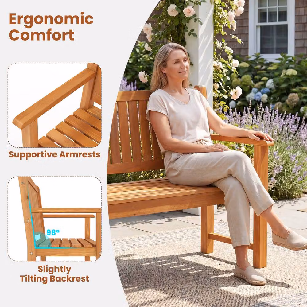 Costway 3-Seater Wooden Garden Bench with Backrest and Armrests in Natural Brown – 6