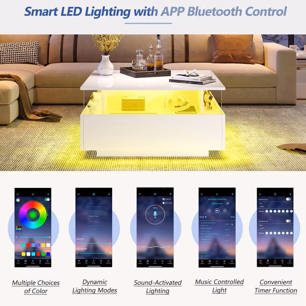 STILVORA Square Coffee Table with 2 Drawers and LED Lighting in White – 4