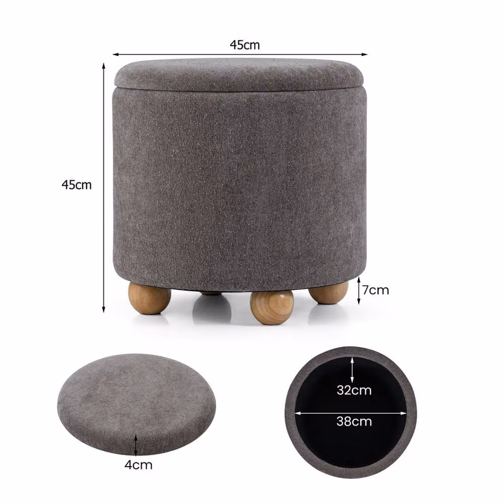 Havendro Grey Chenille Round Storage Ottoman Footrest Stool, Diameter: 45 cm, Height: 45 cm – 2