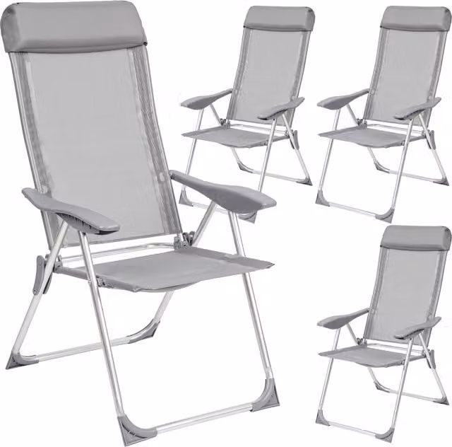 tectake Set of 4 Folding Aluminium Garden Chairs with Headrest in Matt Grey