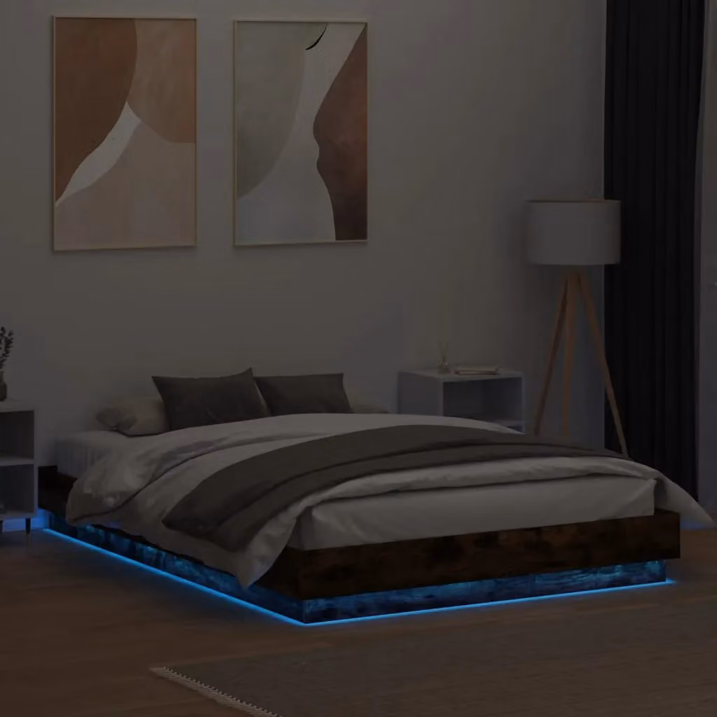 Berkfield Home Modern Bed Frame with LED Under-Bed Lighting and USB Charging Port in Smoked Oak Brown, W: 140 cm, L: 200 cm – 3