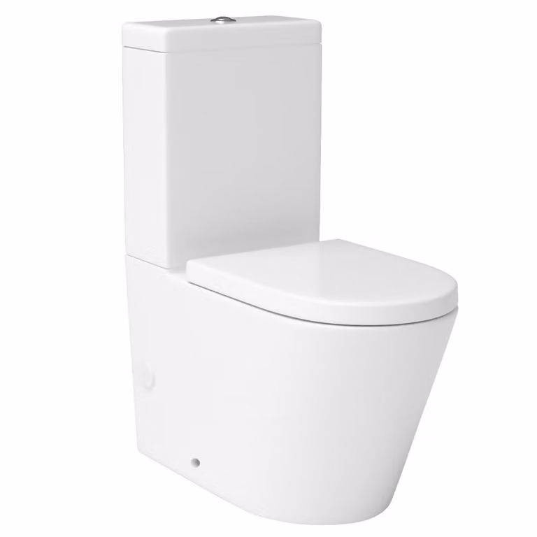 Cesar White Ceramic Rimless Close Coupled Short Projection Floor Standing Toilet with Soft Close Seat and Cistern