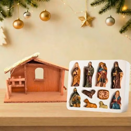 Shatchi Large Handmade Nativity Scene with Wooden Stable and 10-Piece Resin Figurine Set in Brown and Multicolour – 2