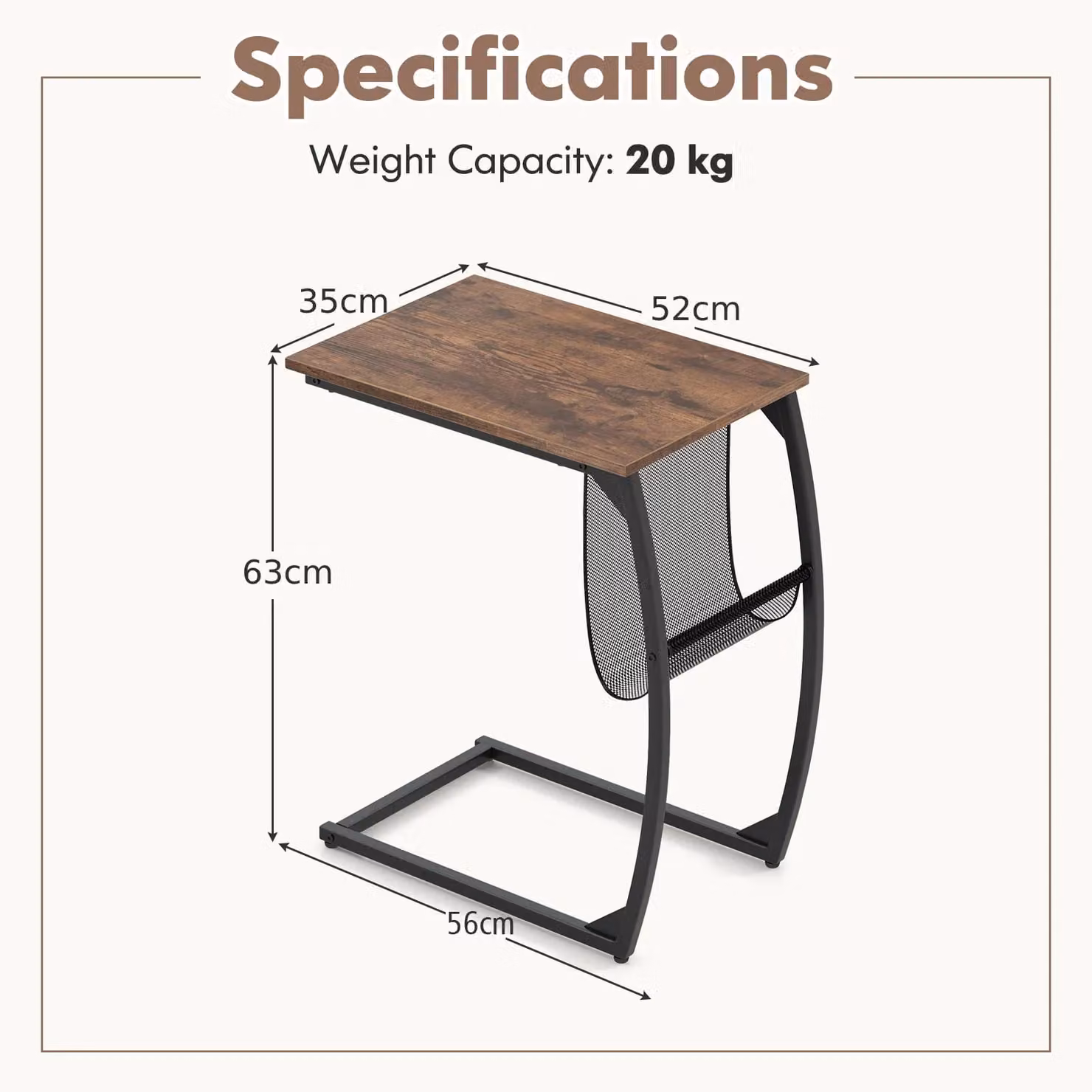 Gymax C-Shaped Metal Side Table with Mesh Storage Bag in Brown – 2