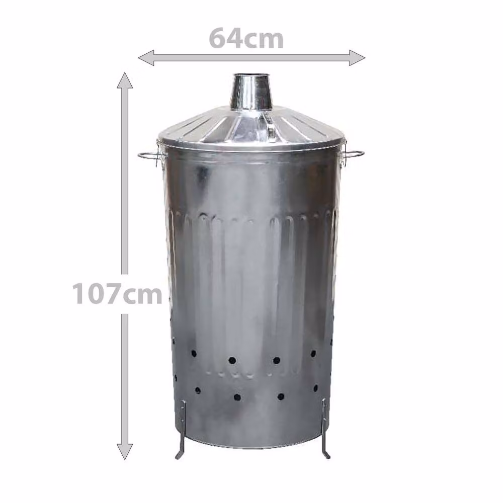 Simpa 180L Galvanised Steel Incinerator with Flip Lid in Metallic Silver – 3