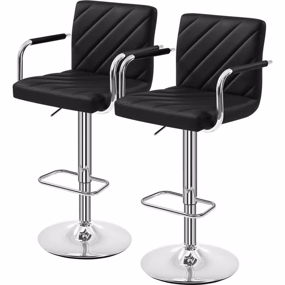 FORGEVIO Set of 2 Adjustable Swivel Bar Stools in Black PU Leather with Backrest – 3