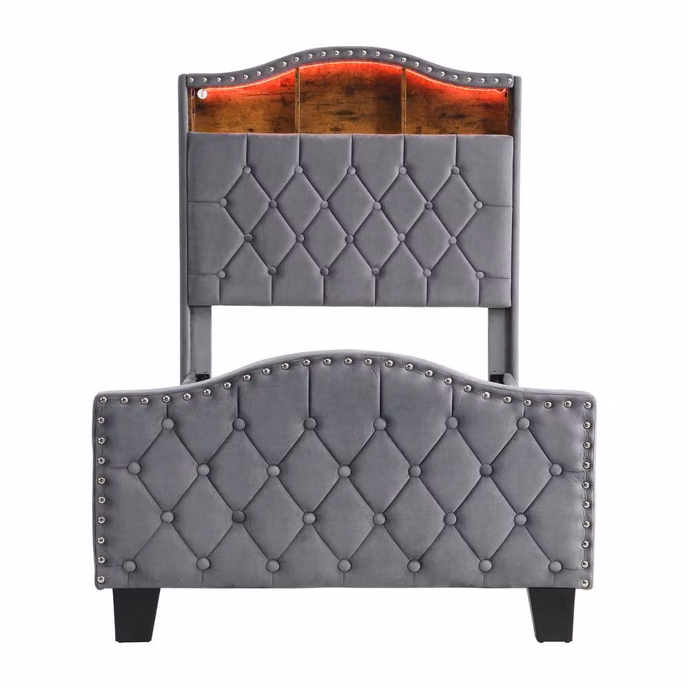 Merax Grey Velvet Upholstered Single Bed with Storage and LED Headboard, W/D/H: 90 x 190 x 124 cm – 3