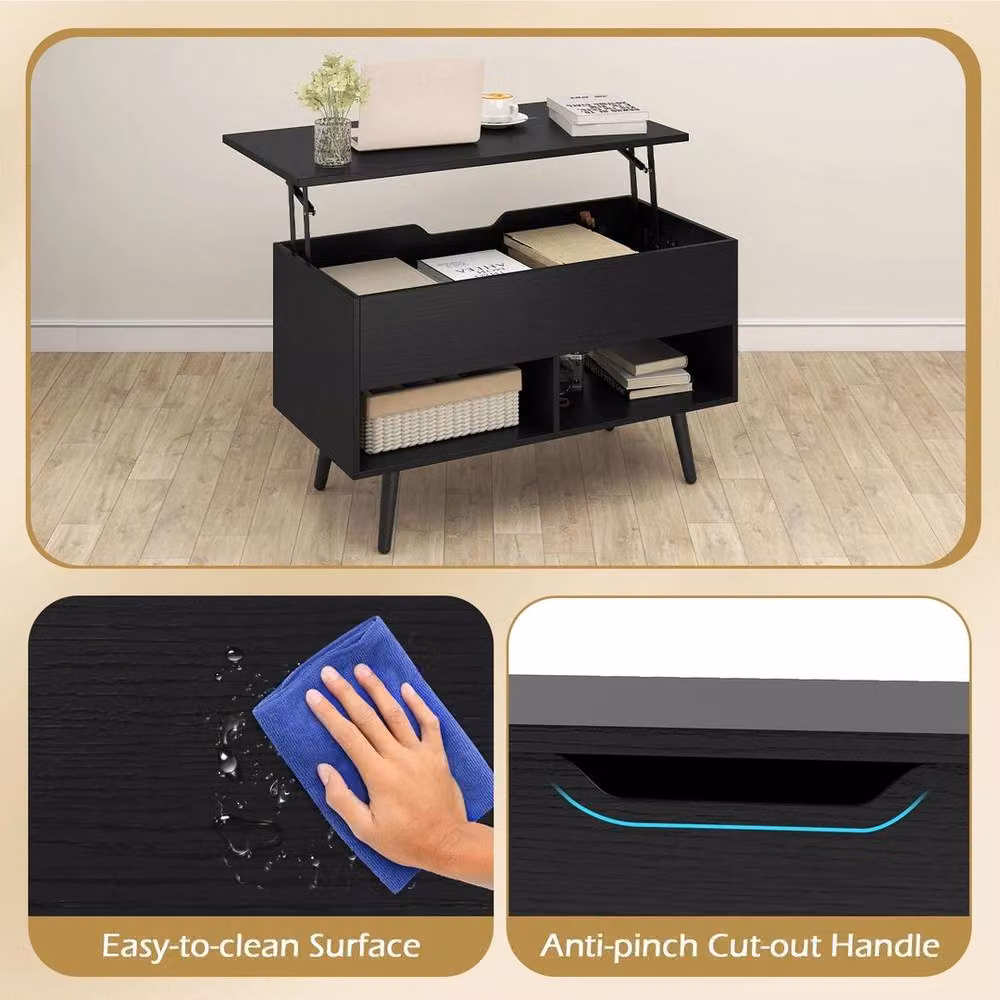Ventryn Black Mid-Century Lift Top Coffee Table with Open Storage Shelves – 5