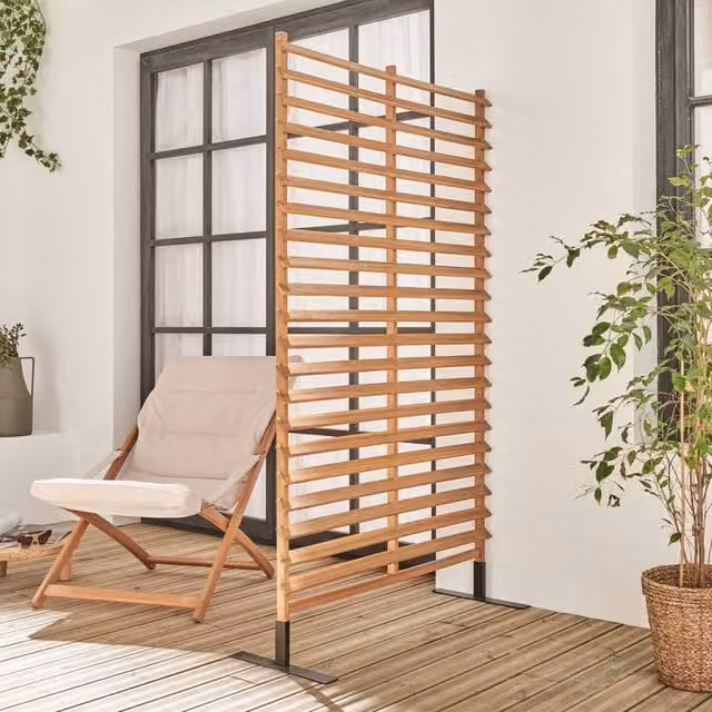 Sweek Brown Acacia Wood and Steel Freestanding Outdoor Paravent Screen, W/D/H: 100 x 40 x 180 cm – 1