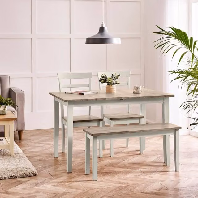 FurnitureboxUK Salcombe Extendable Rectangular Dining Table in Light Grey with 2 Chairs and 1 Small Bench