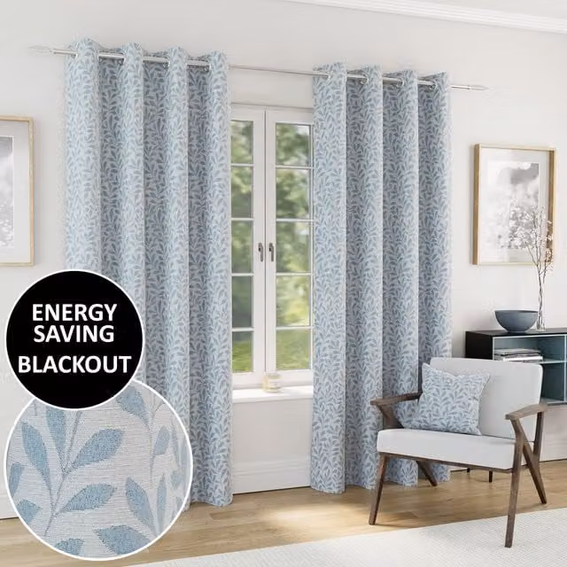 Enhanced Living Sherwood Blackout Jacquard Leaf Eyelet Curtains in Blue, Width: 137 cm, Height: 117 cm