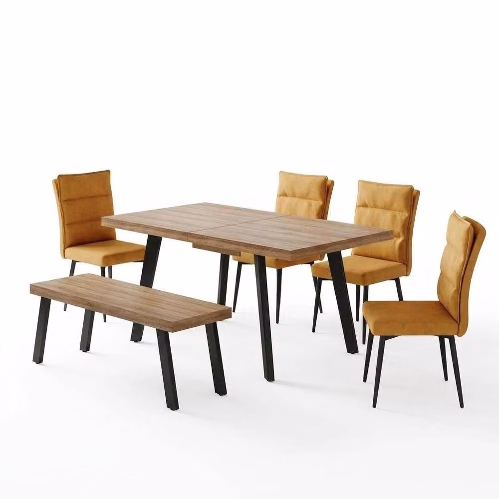 FURNITURE ONE 6-Piece Modern Oak Dining Set in Brown with Extendable Rectangular Table, 4 Chairs and Bench – 2