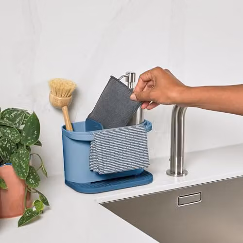 ReBorn Recycled Kitchen Sink Organiser with Two Compartments and Integrated Dishcloth Rail in Avon Blue – 2