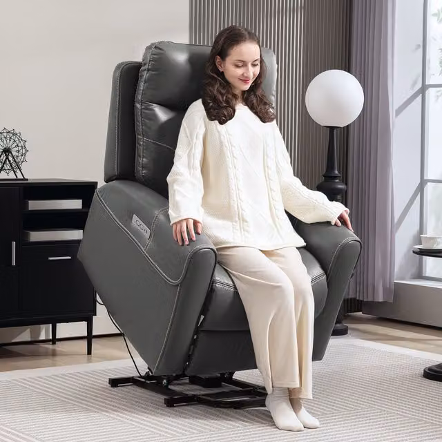 HOMCOM Overstuffed Riser and Reclining Chair with USB Ports in Grey Synthetic Leather