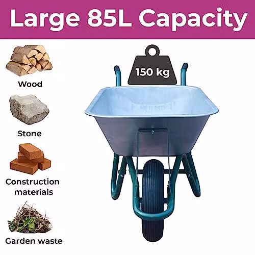 Neo Galvanised Steel Home Garden Wheelbarrow with Pneumatic Tyre, 85L, Silver – 3