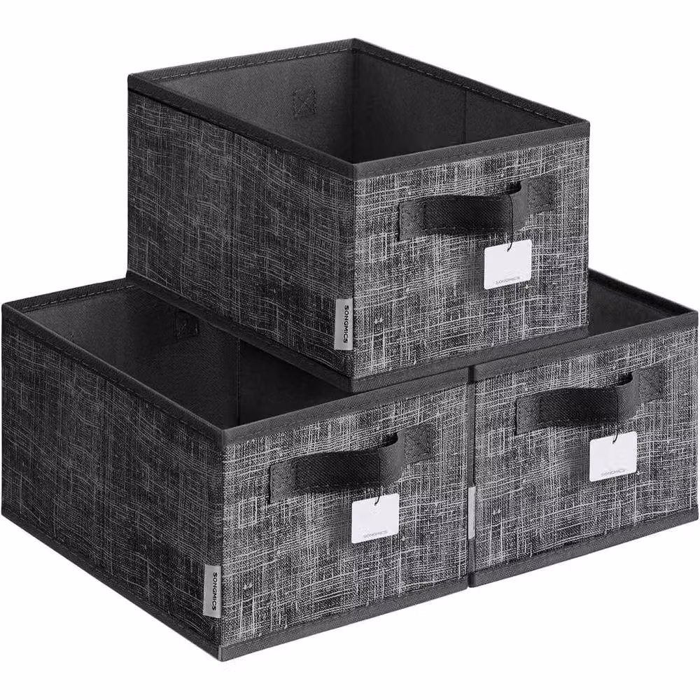 The Bazaarist Set of 3 Foldable Fabric Storage Baskets with Handles and Label Holders, Black – 2