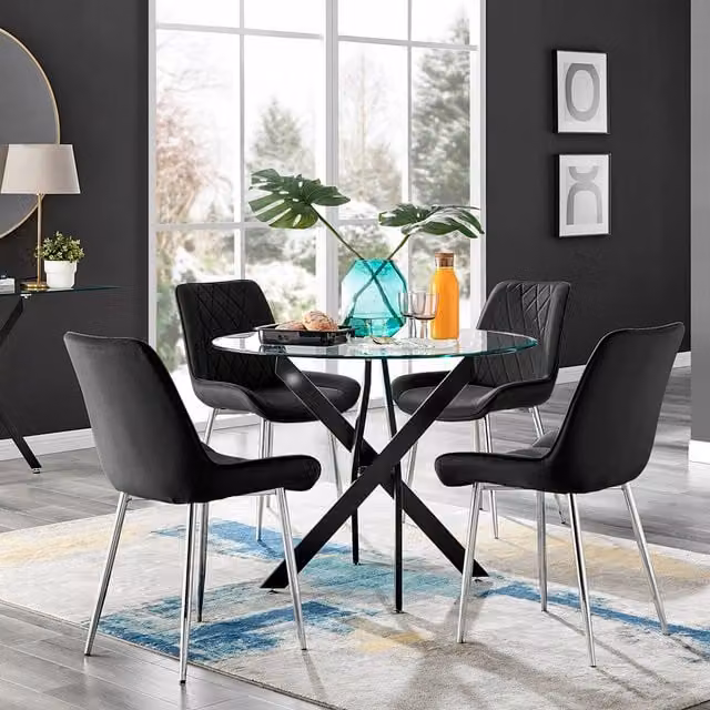 FurnitureboxUK Novara Round Glass Dining Table with 4 Pesaro Silver Chairs in Black