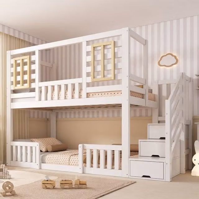 Merax Kids Wooden House Bunk Bed in White with Storage Stairs and Guardrails, W/D/H: 190 x 90 x 170 cm – 1