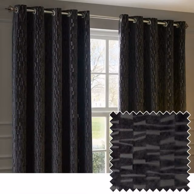 Manhattan Set of 2 Charcoal Velvet Eyelet Curtains, Width: 137 cm, Height: 168 cm