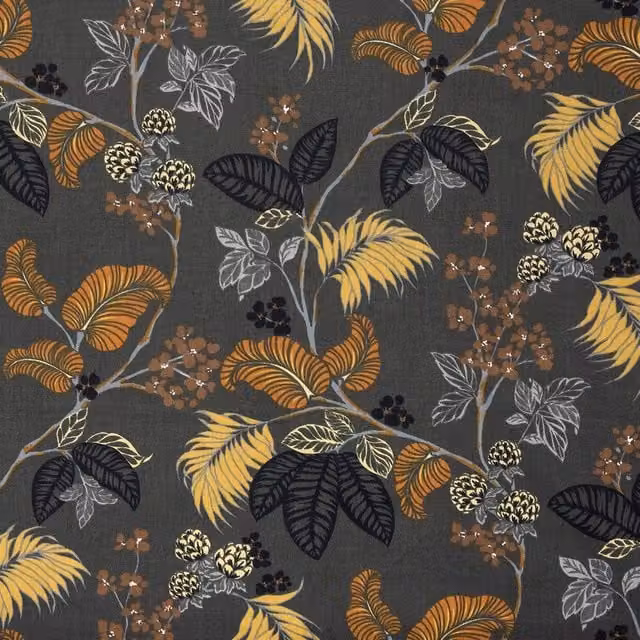 Terrys St-Lucia Floral Cotton Fabric in Charcoal Grey and Black