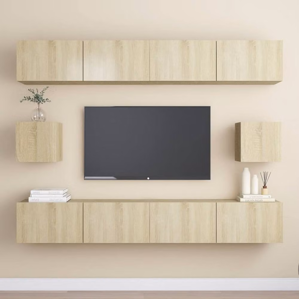 Berkfield Home Practical 6 Piece TV Cabinet Set in Light Oak and Brown, Modern MDF Living Room Furniture