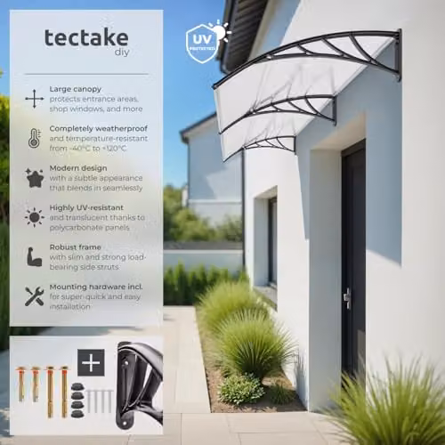 tectake Front Door Canopy with Translucent Polycarbonate Panels and Arched Side Struts, Black, W: 300 cm, D: 93 cm – 2