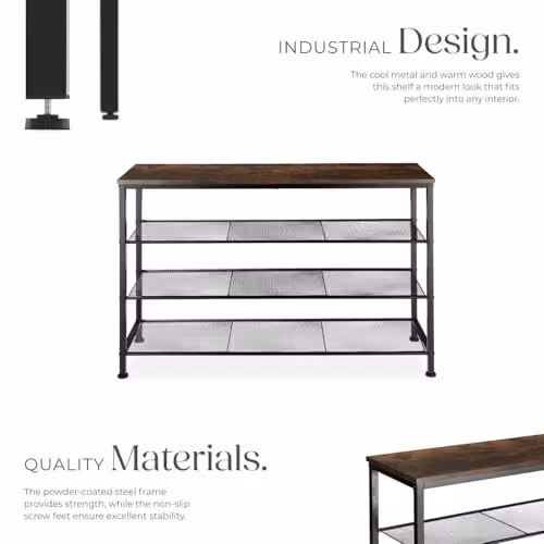 tectake 4-Tier Industrial Shoe Rack with Metal Frame and MDF Shelves in Black and Brown, W/D/H: 100 x 30.5 x 72.5 cm – 3