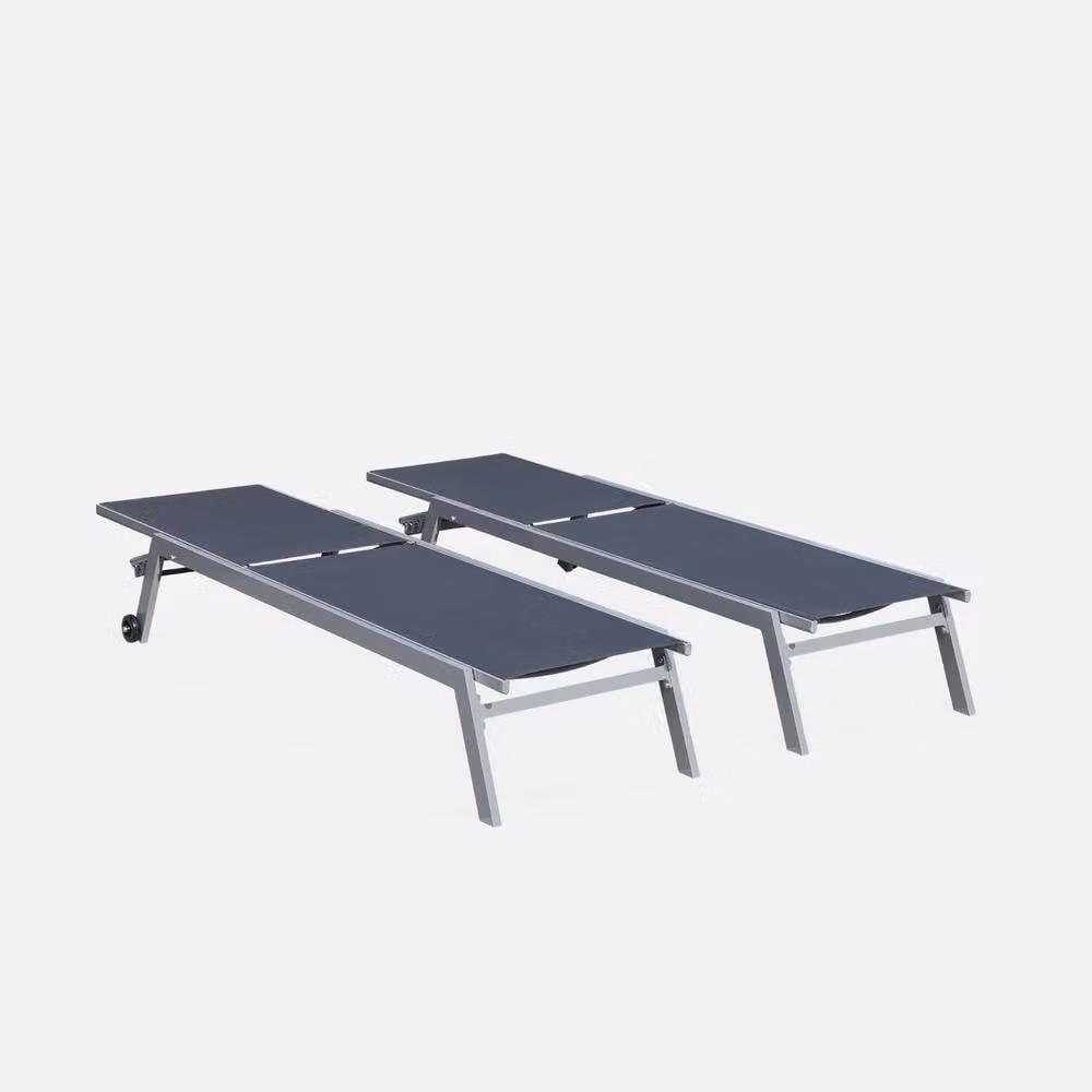 sweeek Set of 2 Multi-position Aluminium Sun Loungers with Wheels in Grey – 2