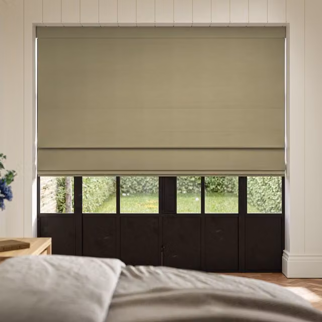 Ante Decor Virtus No Joins Soft Dim Out Made To Measure Roman Blind in Moss Green and Beige
