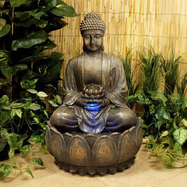 Primrose Antique Brown Blossoming Buddha Tabletop Cascade Water Feature with LED Lights