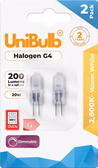 UniBulb G4 Halogen Capsule Bulb, 20W, 200lm, 2800K Warm White, Pack of 2