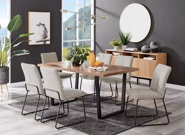 FurnitureboxUK Kylo Brown Wood Effect Rectangular Dining Table and 6 Cream Halley Fabric Chairs in Taupe – 1