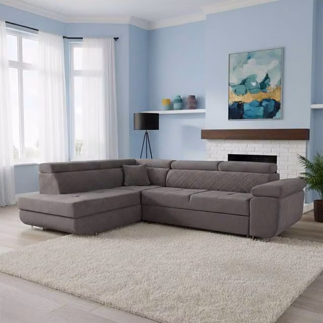 MN Furniture Modern L-Shape Plush Velvet 3 Seater Corner Sofa Bed with Integrated Storage and Adjustable Headrests in Grey