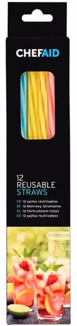 Chef Aid Reusable Striped Multicolour Plastic Straws, Pack of 12