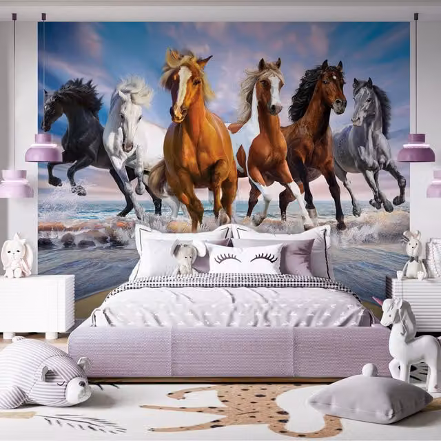 Walltastic Wild Horses Wall Mural in Multicolour and Turquoise, W: 304.8 cm, H: 243.84 cm