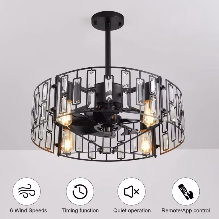 Garwarm Modern Black Ceiling Fan with Crystal Pendant Light and Remote Control, Diameter: 50 cm