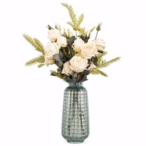 Leaf Design Rose Floral Artificial Flower Display with Square Glass Vase in Green and White, H 60.0 cm x W 30.0 cm x D 30.0 cm – 1
