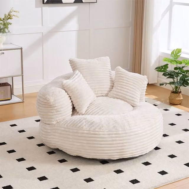 Direct Wicker Soft Corduroy Bean Bag with Armrests and 3 Pillows in Light Beige
