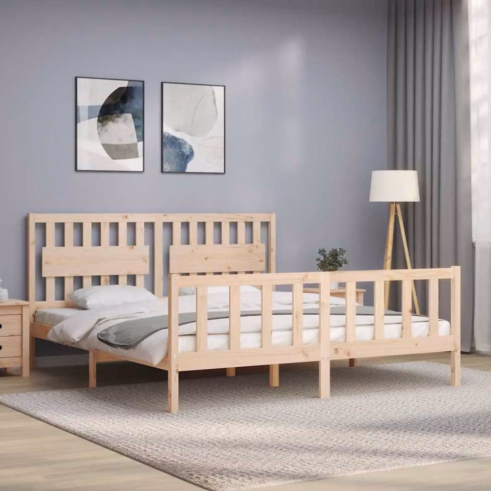 Berkfield Home Super King Size Solid Pine Bed Frame with Headboard in Beige – 2