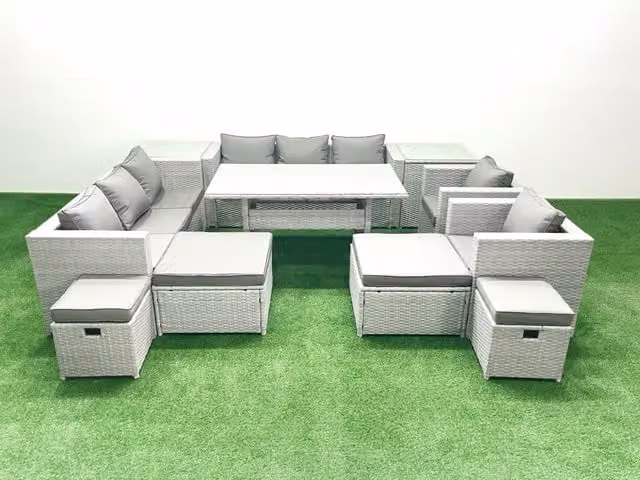 Fimous 12 Seater Rattan Garden Furniture Dining Set with Lounge Sofa, Chairs, Dining Table, 4 Footstools and 2 Side Tables in Light Grey Mixed